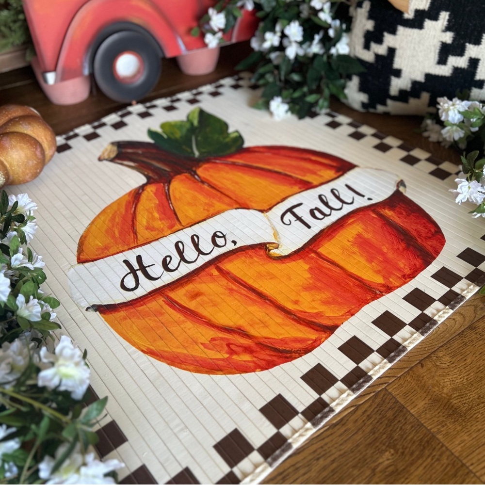 Hello Fall Pumpkin Bamboo Rug Cream and Brown Check Pattern - Picture 5 of 6